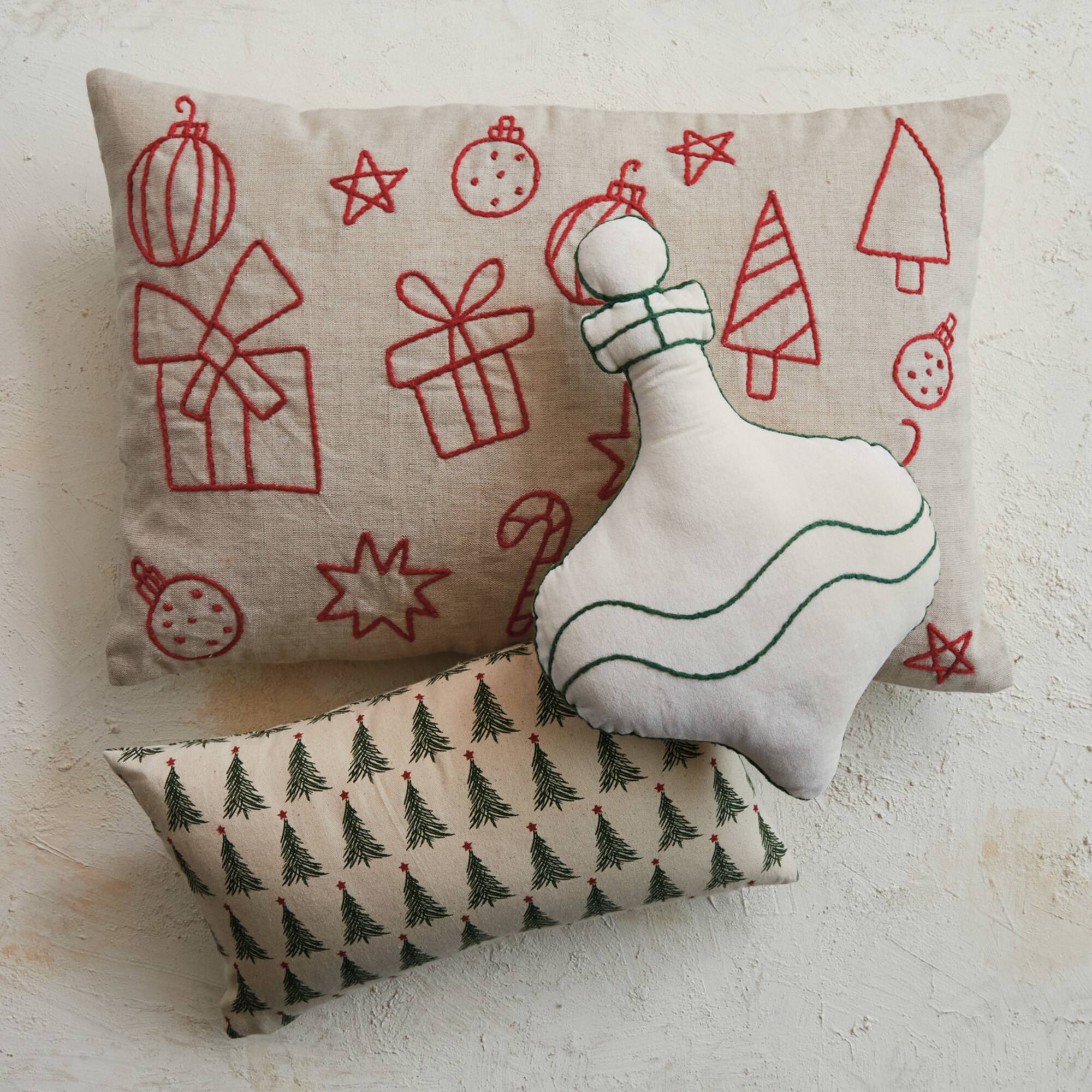 Hello Honey® 24" x 16" Embroidered Red & Natural Holiday Icons Lumbar Throw Pillow